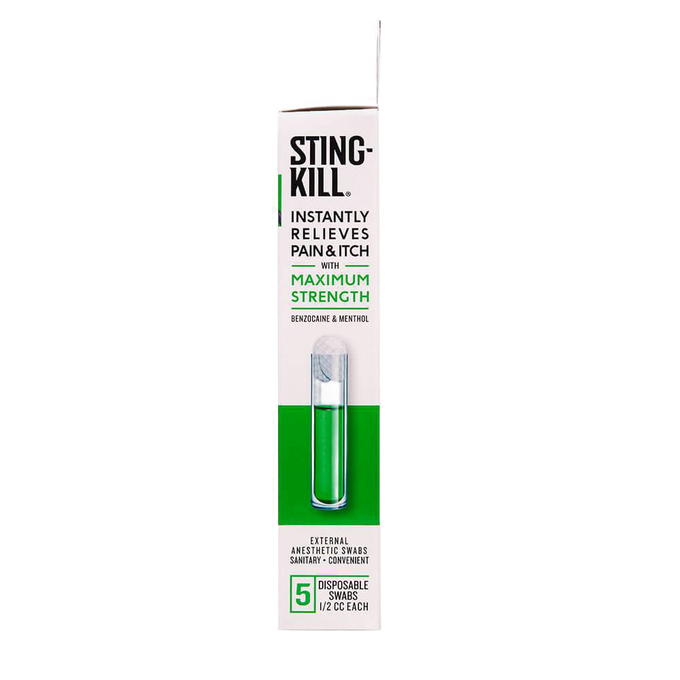 Slim white and green box of disposable anesthetic swabs containing benzocaine and menthol, designed to quickly relieve sting pain and itching, made in USA, ideal for Health & Wellness, Camping, and Pest Control collections.