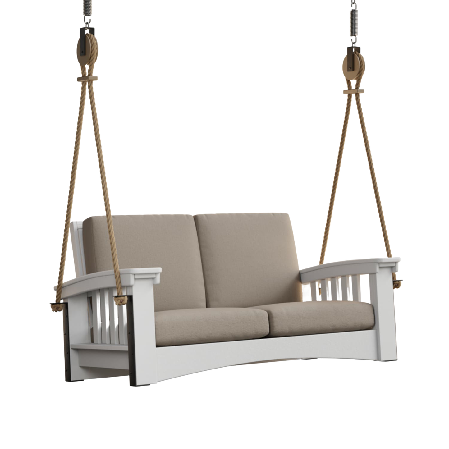 Handcrafted 6 ft porch swing with durable white painted cypress frame and thick beige cushions, suspended by sturdy rope, perfect for Home & Decor, Outdoor Furniture, USA Made, Amish Made, Best Sellers, and Promo Eligible collections.