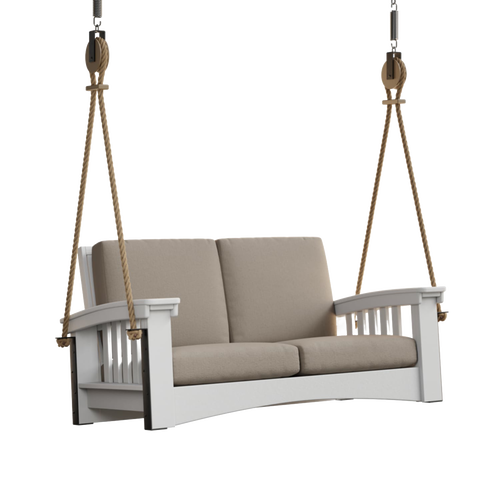 Handcrafted 6 ft porch swing with durable white painted cypress frame and thick beige cushions, suspended by sturdy rope, perfect for Home & Decor, Outdoor Furniture, USA Made, Amish Made, Best Sellers, and Promo Eligible collections.