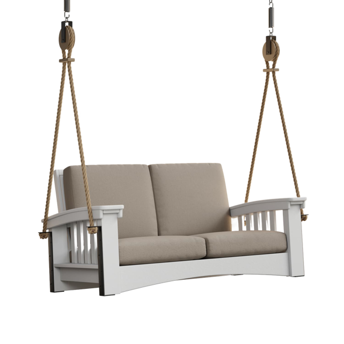 Handcrafted 6 ft porch swing with durable white painted cypress frame and thick beige cushions, suspended by sturdy rope, perfect for Home & Decor, Outdoor Furniture, USA Made, Amish Made, Best Sellers, and Promo Eligible collections.