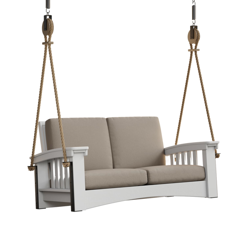 Handcrafted 6 ft porch swing with durable white painted cypress frame and thick beige cushions, suspended by sturdy rope, perfect for Home & Decor, Outdoor Furniture, USA Made, Amish Made, Best Sellers, and Promo Eligible collections.