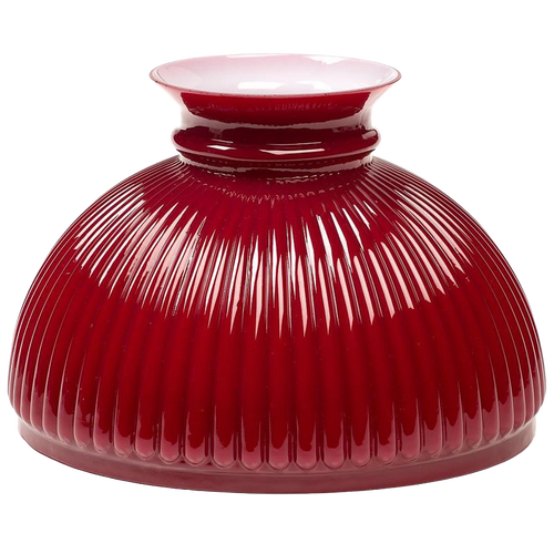 Glossy ruby red ribbed glass lamp shade with a flared white rim, handcrafted for use with 10-inch Aladdin lamp rings, ideal for Lamps & Lighting and Lamp Shades collections.