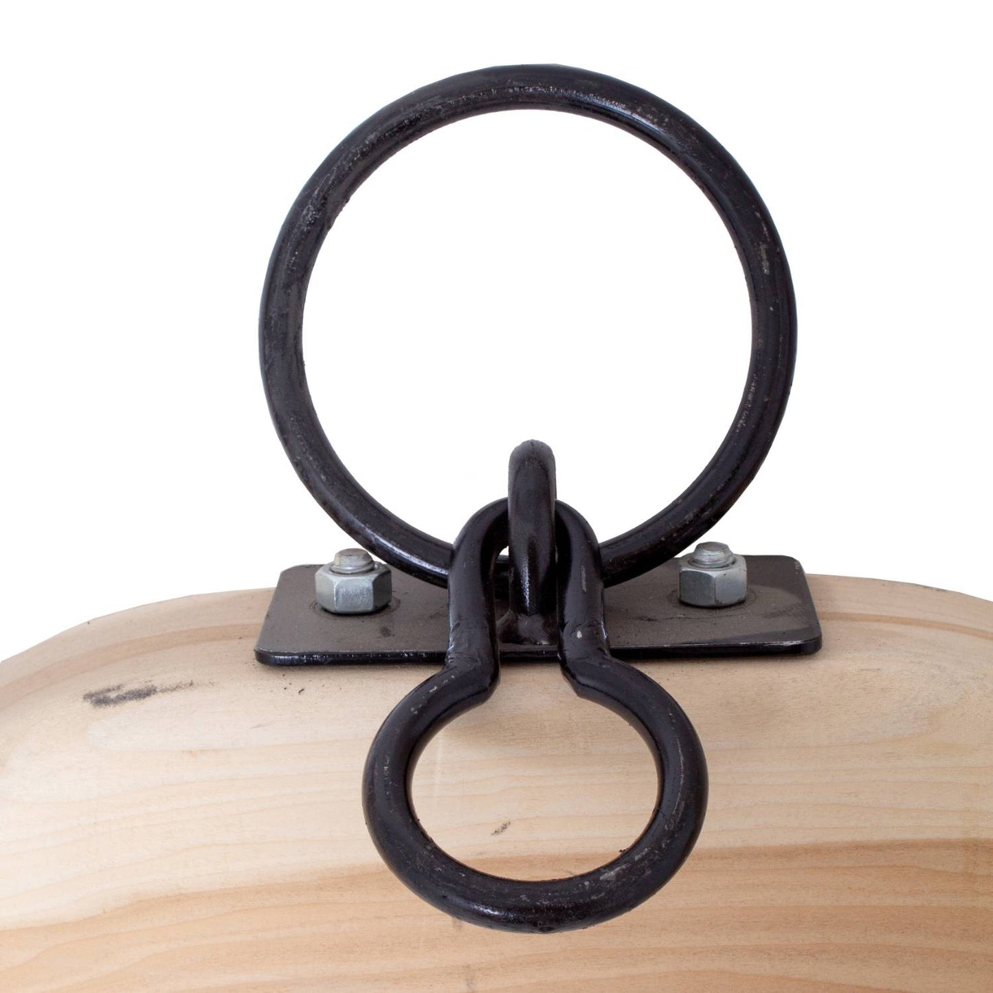 Close-up of a handcrafted double ox yoke made from unfinished wood, featuring black metal rings and hardware, ideal for Farm, Garden & Tool and Farm Tools collections.