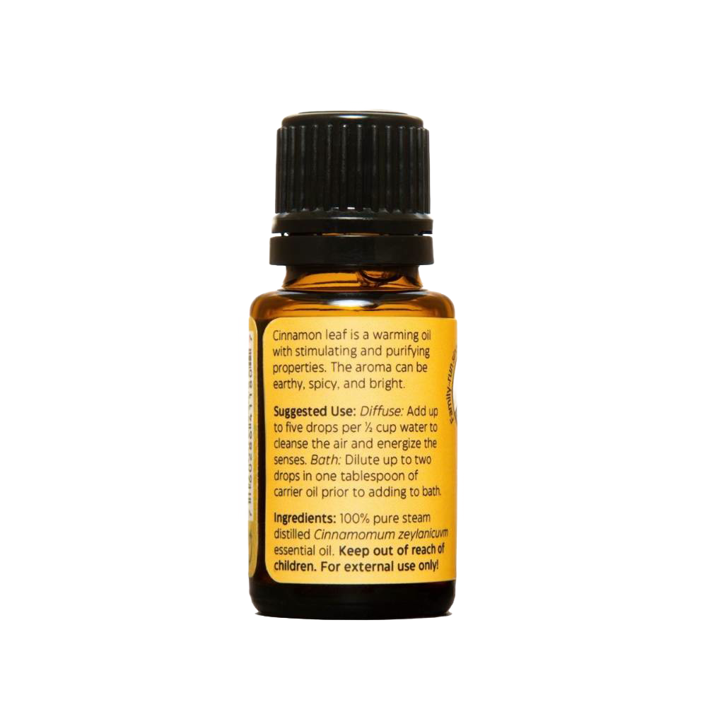 Amber glass bottle of handcrafted cinnamon leaf essential oil with black cap and detailed label, made in USA for aromatherapy, soapmaking, candlemaking, and health remedies.