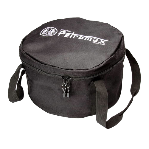 Black durable ripstop fabric transport bag with zipper closure and dual carrying handles, designed for safely storing and carrying Dutch ovens, suited for camping and farm tool use.