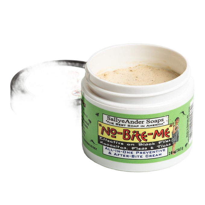 Open jar of handcrafted No-Bite-Me cream with natural herbal scent designed for Health & Wellness, Balms, Creams and Lotions, USA Made, Best Sellers, and Promo Eligible collections.
