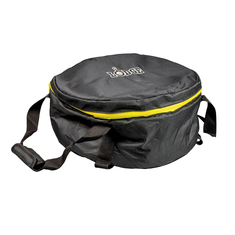 Black weather-resistant polyester tote with bright yellow zipper, thick padding, and strong carry straps, designed for safe transport and storage of camp cookware in outdoor and kitchen settings.