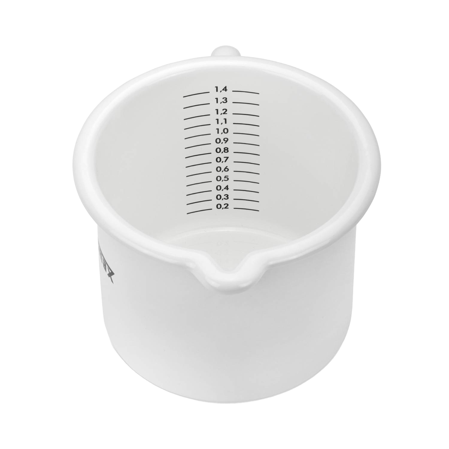 White enameled steel milk pot with clear volume markings inside and a pour spout, handcrafted for camp kitchens and included in Farm, Garden & Tool, Kitchen & Food, Camping, Cookware, Pots and Pans, and Best Sellers collections.