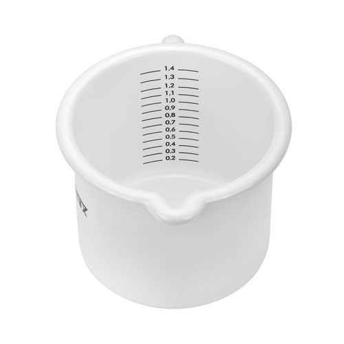 White enameled steel milk pot with clear volume markings inside and a pour spout, handcrafted for camp kitchens and included in Farm, Garden & Tool, Kitchen & Food, Camping, Cookware, Pots and Pans, and Best Sellers collections.