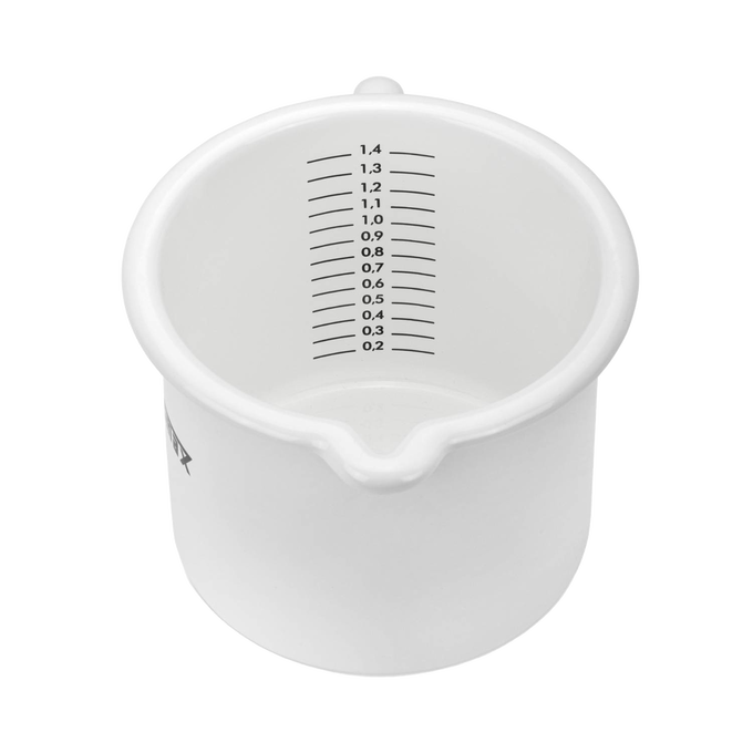 White enameled steel milk pot with clear volume markings inside and a pour spout, handcrafted for camp kitchens and included in Farm, Garden & Tool, Kitchen & Food, Camping, Cookware, Pots and Pans, and Best Sellers collections.