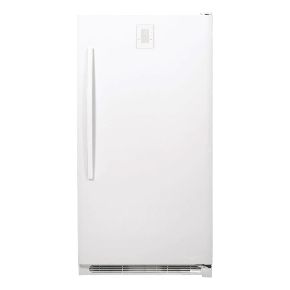 White upright freezer with minimalist vertical handle, temperature control panel, and handcrafted Amish made design, featured in USA Made and Appliances collections.