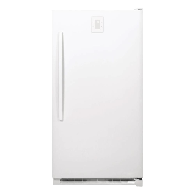 White upright freezer with minimalist vertical handle, temperature control panel, and handcrafted Amish made design, featured in USA Made and Appliances collections.
