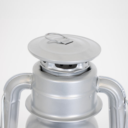 Close-up of the top vent and cap on a handcrafted silver metal lantern with a weather-resistant finish, designed for dependable lighting in Farm, Garden & Tool, Camping, and Emergency Supplies collections.