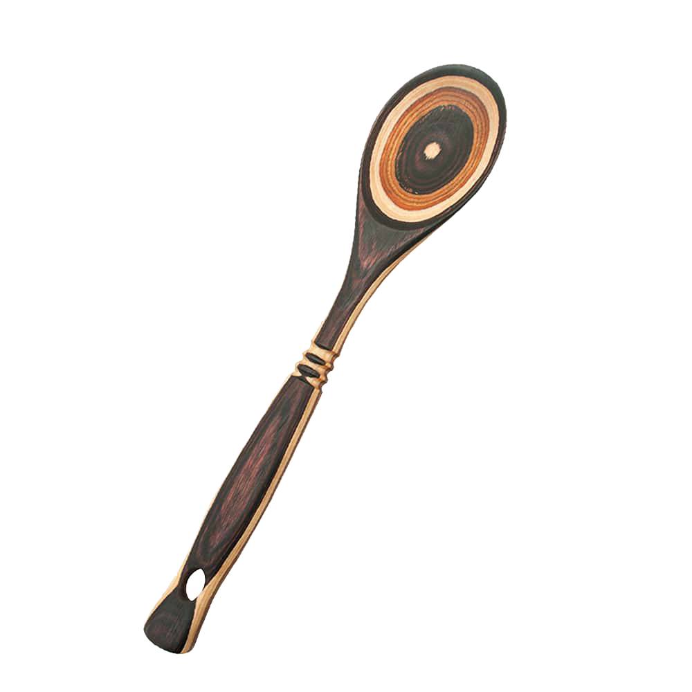 Unique handcrafted pakkawood spoon with bold concentric rings in natural and dark tones, sturdy and heat resistant, ideal for Kitchen & Food, Kitchen Gadgets, and Cooking Helpers collections.
