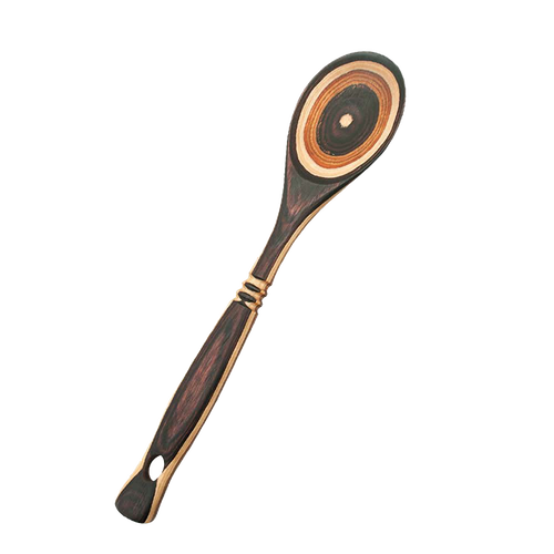 Unique handcrafted pakkawood spoon with bold concentric rings in natural and dark tones, sturdy and heat resistant, ideal for Kitchen & Food, Kitchen Gadgets, and Cooking Helpers collections.