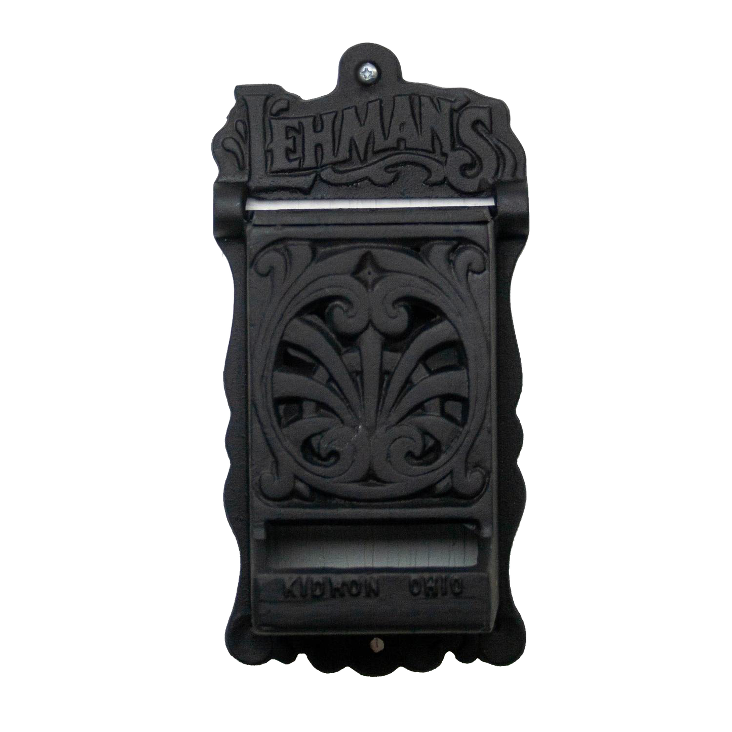 Handcrafted black cast iron wall-mounted matchbox holder featuring ornate vintage scrollwork and Lehman's branding, Amish made in USA, suited for Home & Decor and Household Helpers collections.