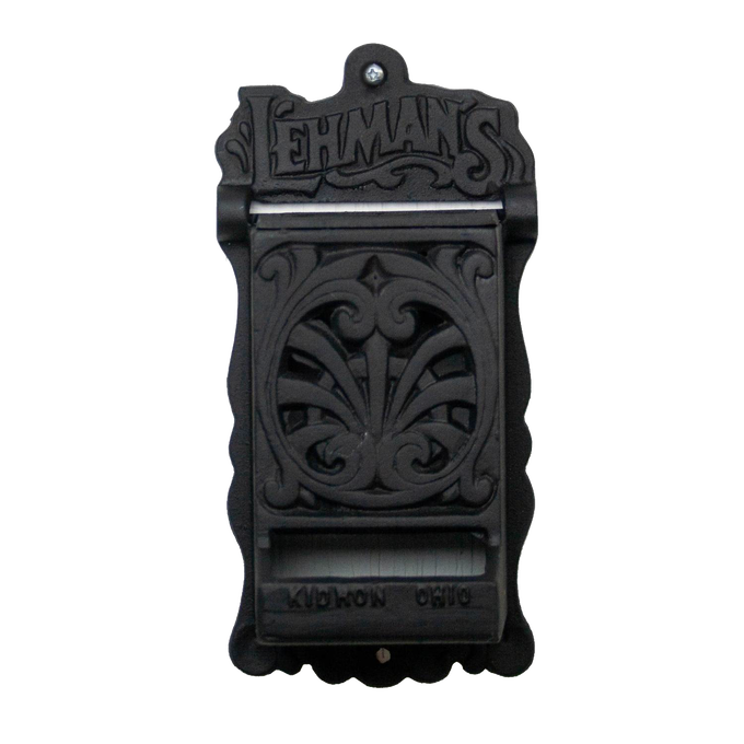 Handcrafted black cast iron wall-mounted matchbox holder featuring ornate vintage scrollwork and Lehman's branding, Amish made in USA, suited for Home & Decor and Household Helpers collections.
