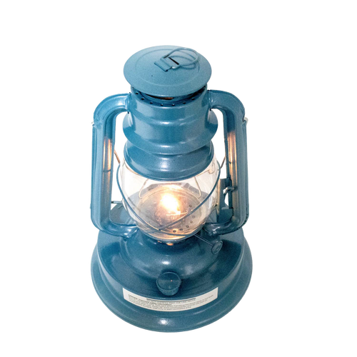 Blue handcrafted oil lantern with lit wick inside clear glass globe, designed for outdoor use in camping, farm, garden, emergency, and pest control settings.