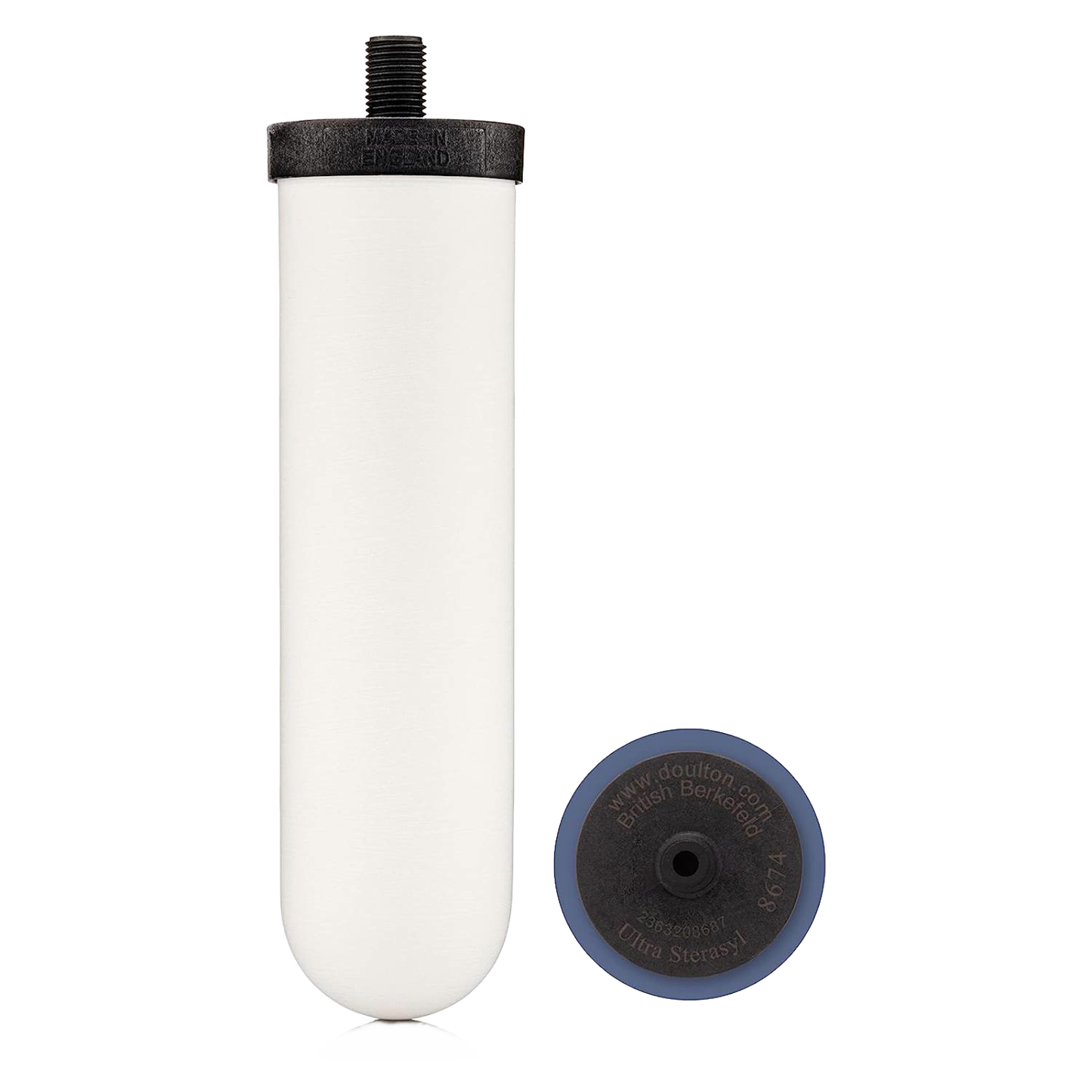 Handcrafted white ceramic water filter with black threaded top and granular activated carbon, compatible with British Berkefeld gravity systems, featured in Farm, Garden & Tool and Emergency Supplies collections.