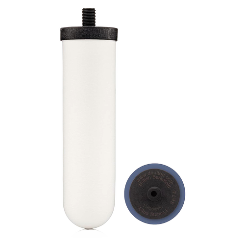Handcrafted white ceramic water filter with black threaded top and granular activated carbon, compatible with British Berkefeld gravity systems, featured in Farm, Garden & Tool and Emergency Supplies collections.