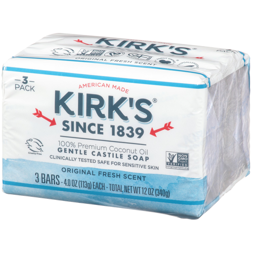Three-pack of gentle Castile soap crafted with 100% premium coconut oil, featuring an original fresh scent, American made, ideal for Health & Wellness, Grooming and Personal Hygiene, and Soaps collections.