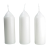 Three white replacement candles with upright wicks, designed for use in handcrafted candle lanterns during camping, outdoor activities, or emergency lighting situations.