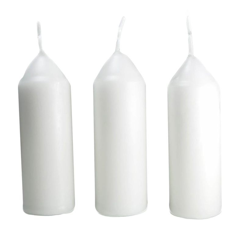 Three white replacement candles with upright wicks, designed for use in handcrafted candle lanterns during camping, outdoor activities, or emergency lighting situations.
