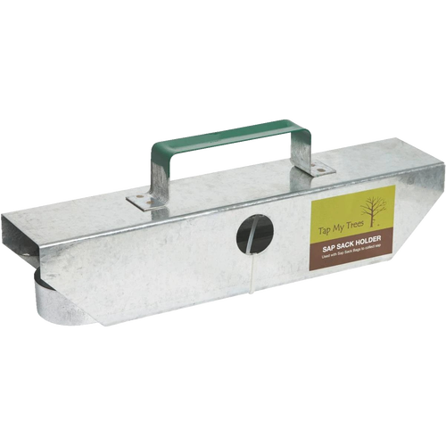 Galvanized metal sap bag holder with a green handle, designed to securely hold sap bags in small sugarbush settings, handcrafted in the USA, ideal for farm and orchard use.