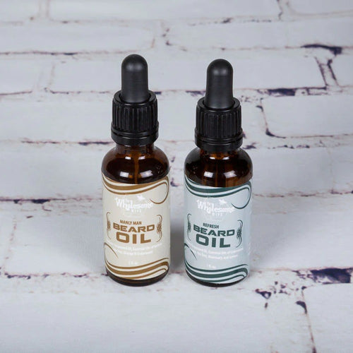 Two unique handcrafted amber glass bottles of locally-made beard oil with dropper caps, featuring natural ingredients, shown for Grooming and Personal Hygiene, Health & Wellness, and USA Made collections.
