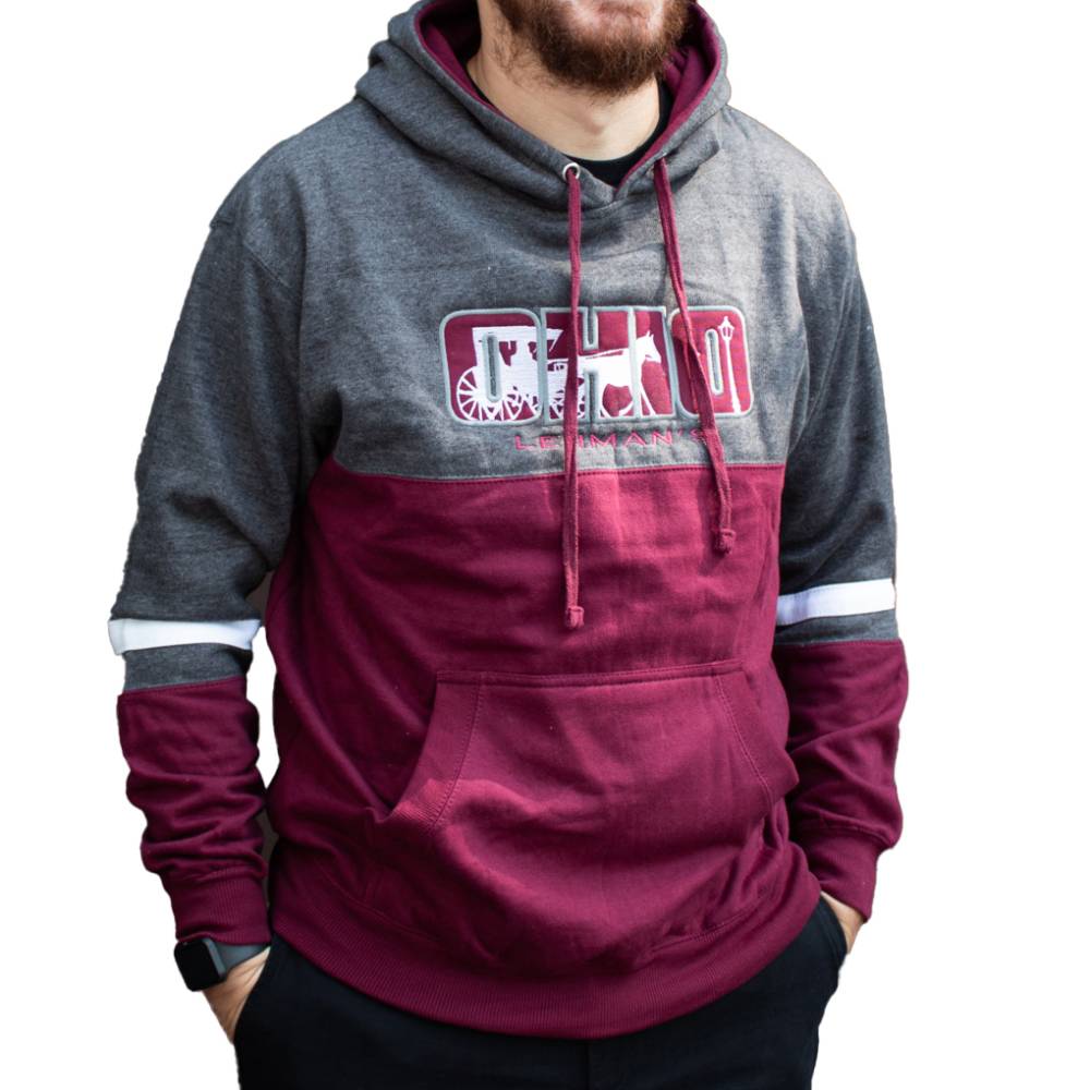 Man wearing a handcrafted maroon and gray fleece hoodie with a drawstring hood, front pouch pocket, arm stripes, and a unique Ohio design embroidered with Lehman's branding, featured in Health & Wellness, Clothing and Accessories, Best Sellers, and Promo Eligible collections.