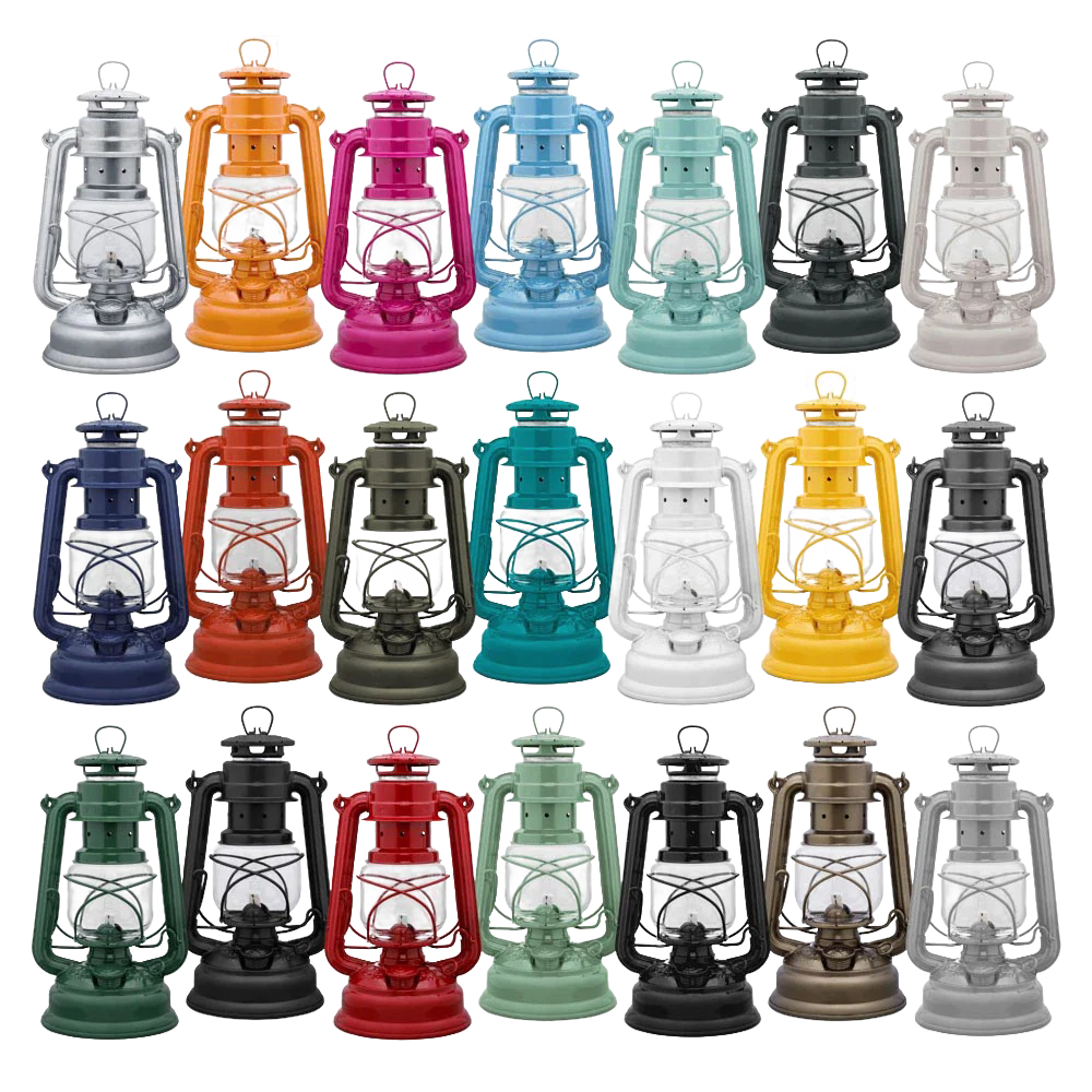 Unique handcrafted collection of colorful galvanized oil lanterns with durable thermal heat-resistant globes, ideal for Lamps & Lighting, Camping, Emergency Supplies, and Outdoors.