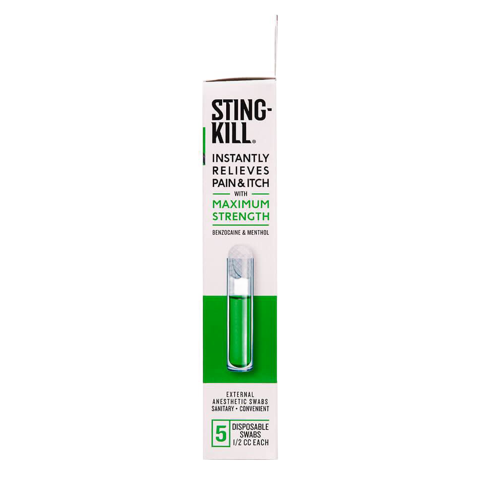 Slim white and green box of Sting Kill disposable anesthetic swabs with maximum strength benzocaine and menthol, made in USA, perfect for health remedies and outdoor use.