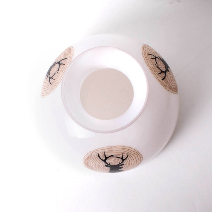Unique handcrafted 10-inch glass lamp shade featuring a smooth white finish with black stag silhouettes set in rustic wood grain circles, part of Lamps & Lighting, Parts and Accessories, Lamp Shades, Best Sellers, and Promo Eligible collections.