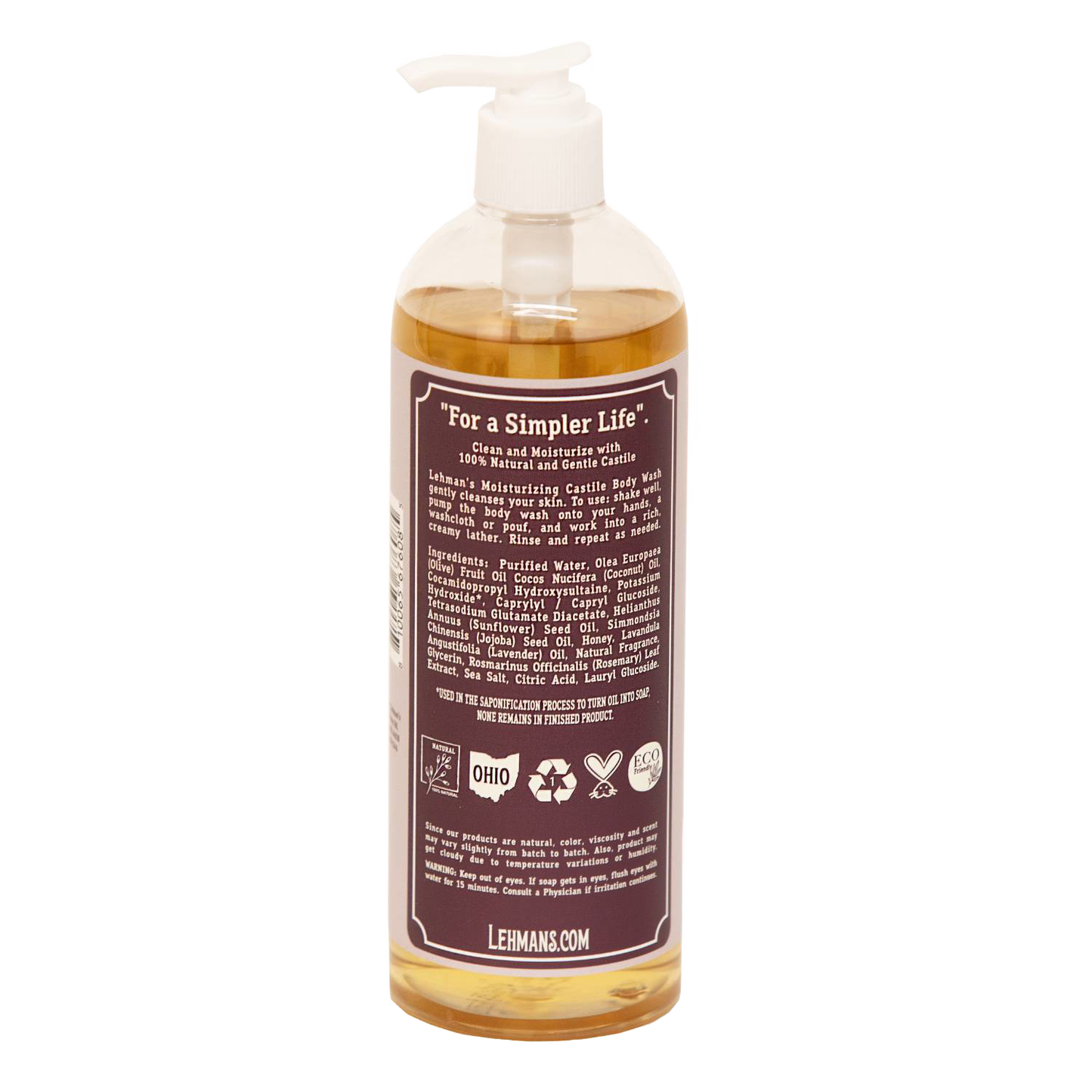Clear bottle of handcrafted moisturizing body wash with natural liquid soap in amber hue, featuring pump dispenser and detailed ingredient label, made in USA, part of grooming and health collections.
