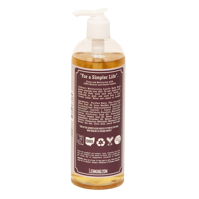 Clear bottle of handcrafted moisturizing body wash with natural liquid soap in amber hue, featuring pump dispenser and detailed ingredient label, made in USA, part of grooming and health collections.