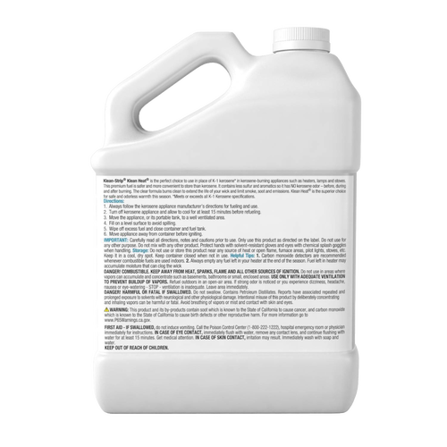 White plastic 1-gallon jug of clean-burning oil lamp fuel with handle and screw cap, featuring detailed usage instructions and safety warnings, suitable for farm, garden, emergency, and lighting needs.