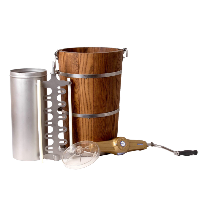 Handcrafted wooden ice cream freezer with metal bands, stainless steel inner canister, electric motor, and clear plastic lid, part of Kitchen & Food, Specialty Equipment, Making Ice Cream, USA Made, and Best Sellers collections.