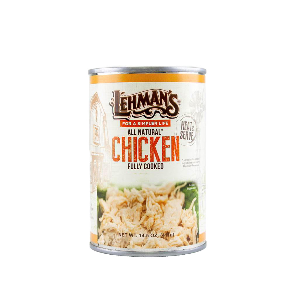 Can of Lehman’s all natural fully cooked chicken, designed for quick, hearty meals, featured in Kitchen & Food, Food, Meats, Best Sellers, and Promo Eligible collections.