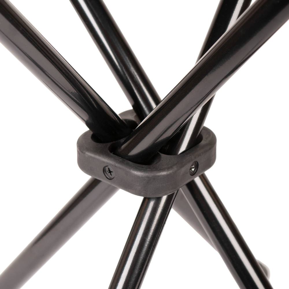 Close-up of the reinforced black plastic joint securing the sturdy black metal legs of a lightweight four-legged folding stool, designed for durability in camping and outdoor use, featured in Farm, Garden & Tool, Camping, Best Sellers, Promo Eligible, and Sale collections.