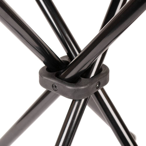 Close-up of the reinforced black plastic joint securing the sturdy black metal legs of a lightweight four-legged folding stool, designed for durability in camping and outdoor use, featured in Farm, Garden & Tool, Camping, Best Sellers, Promo Eligible, and Sale collections.