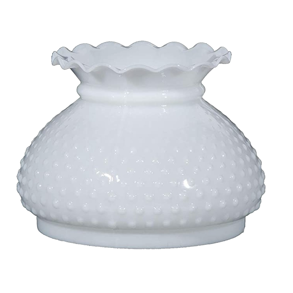 White hobnail patterned glass oil lamp shade with a gently scalloped rim, handcrafted for use in Lamps & Lighting, Parts and Accessories, Lamp Shades, Best Sellers, and Promo Eligible collections.