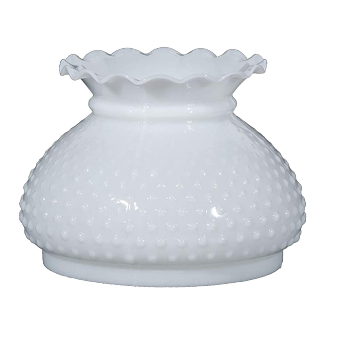 White hobnail patterned glass oil lamp shade with a gently scalloped rim, handcrafted for use in Lamps & Lighting, Parts and Accessories, Lamp Shades, Best Sellers, and Promo Eligible collections.