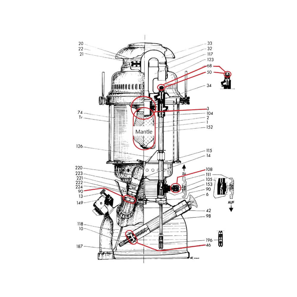 Detailed technical illustration of a Petromax HK350/HK500 pressure lamp showing component assembly with labeled parts, suitable for Lamps & Lighting, Parts and Accessories, Other Parts, Best Sellers, and Promo Eligible collections.