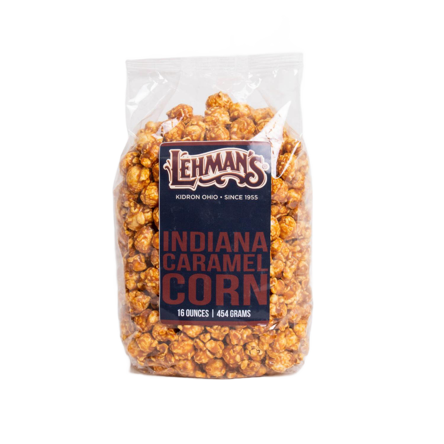 Clear bag of handcrafted caramel popcorn labeled Indiana Caramel Corn, a distinctive sweet and crunchy snack, made in USA, ideal for Kitchen & Food, Snacks and Sweets, Popcorn, USA Made, Best Sellers, and Promo Eligible collections.