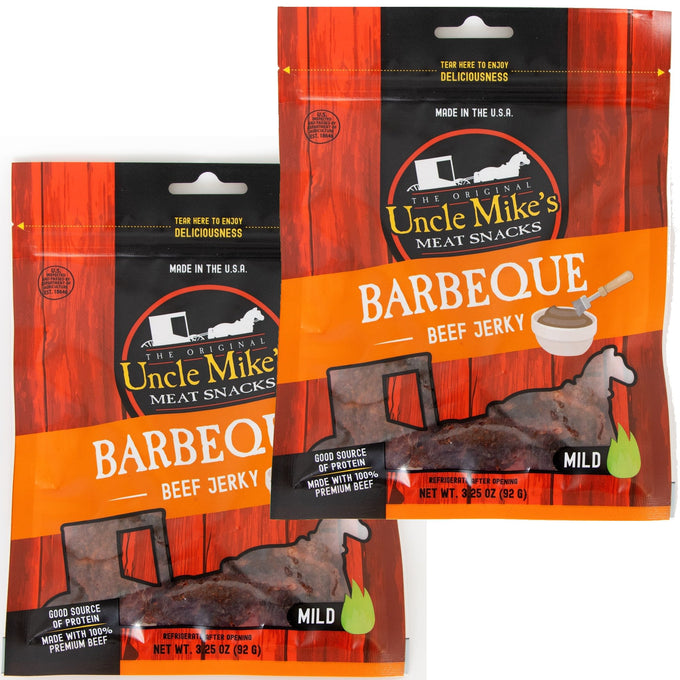 Two resealable bags of mild barbecue flavored beef jerky featuring handmade, protein-rich meat snacks made in USA for Kitchen & Food, Food, Snacks and Sweets, Meats, USA Made, Best Sellers, and Promo Eligible collections.
