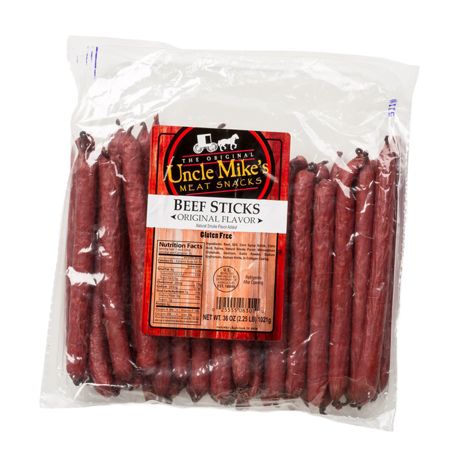 Large clear pack of handcrafted original flavor beef sticks, made in USA with no gluten, ideal for Kitchen & Food, Snacks and Sweets, Meats, Holiday Hosting, USA Made, Best Sellers, and Promo Eligible collections.