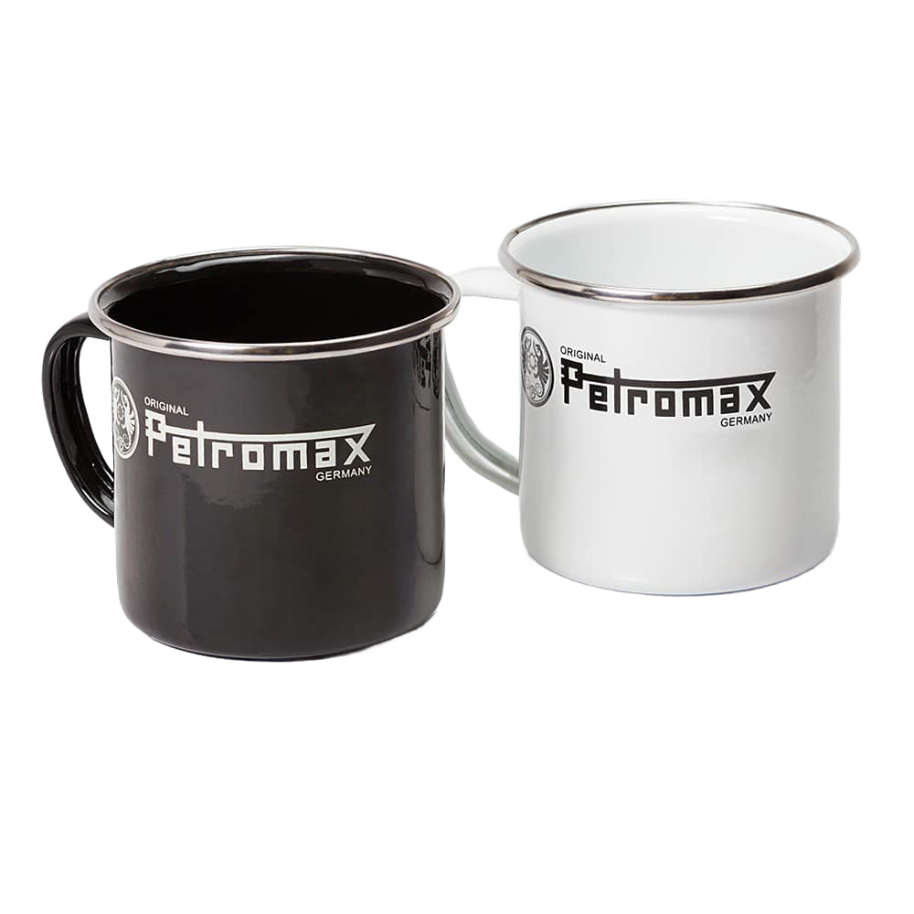Two sturdy Petromax enamel mugs in black and white with metal rims and bold logos, ideal for Farm, Garden & Tool, Camping, Brewing Coffee and Tea, Kitchen & Food, Dinnerware, and Best Sellers collections.