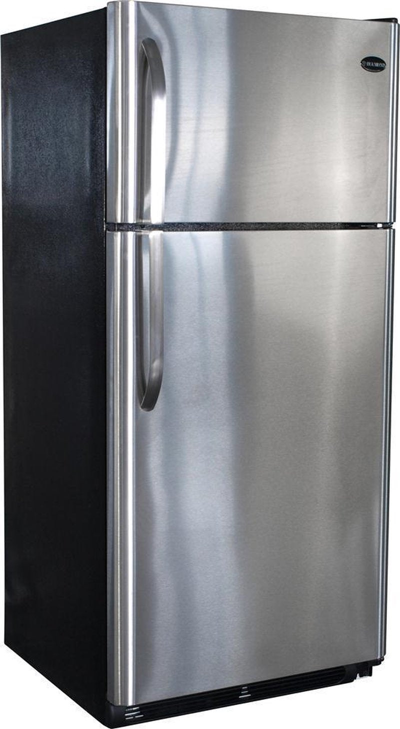 Stainless steel two-door gas refrigerator with top freezer and curved handles, handcrafted and Amish made, perfect for Appliances, Refrigerators and Freezers, Best Sellers, and All Stoves & Appliances collections.