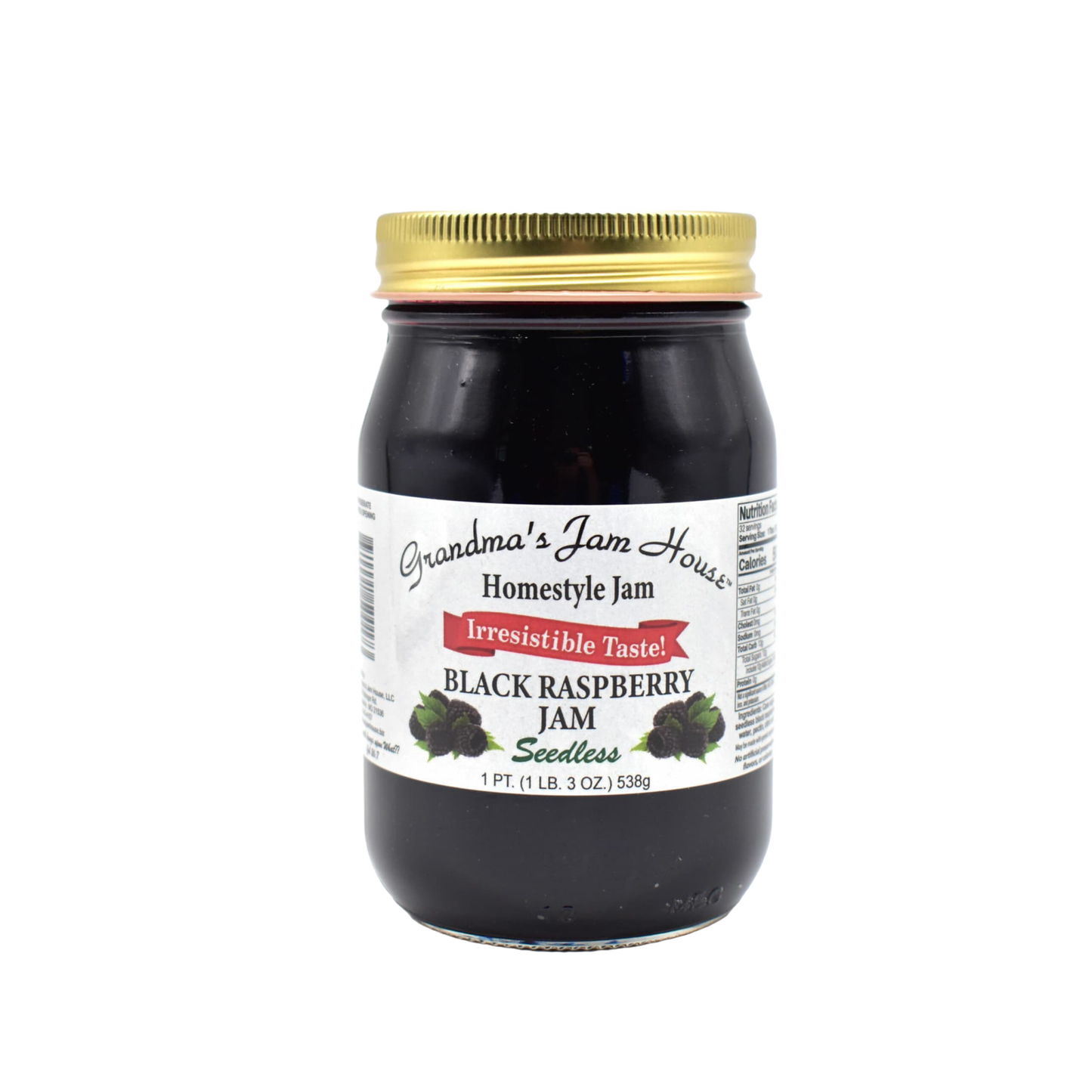 Handcrafted jar of black raspberry seedless jam with gold metal lid and white label featuring fruit illustrations and "Irresistible Taste" banner, made in USA, perfect for Kitchen & Food, Pantry, Peanut Butter & Jellies, Best Sellers, and Promo Eligible collections.