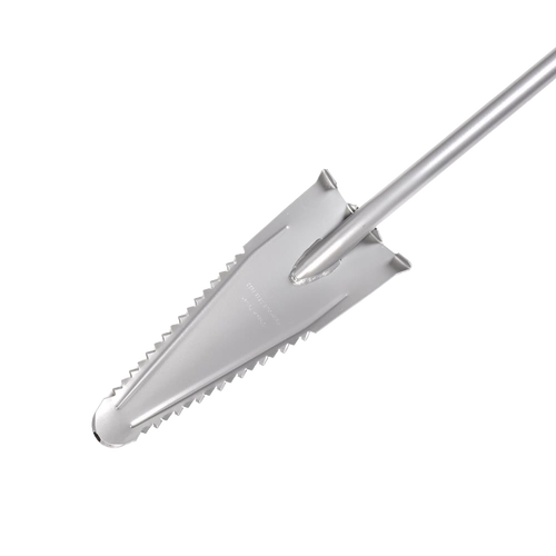 Large durable gardening shovel with serrated edges and pointed tip for cutting through tough roots, lightweight and handcrafted, ideal for farm, garden & tool use.